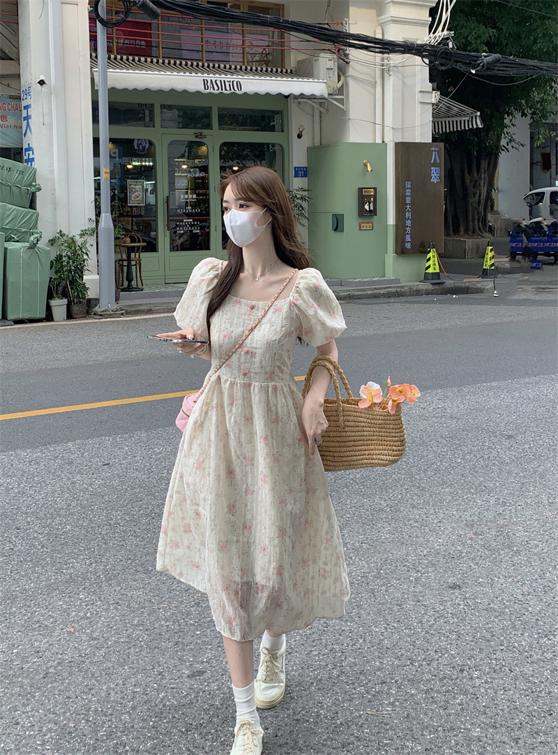 Sundress Midi Floral - Floral Print Midi Dress, Square Neck