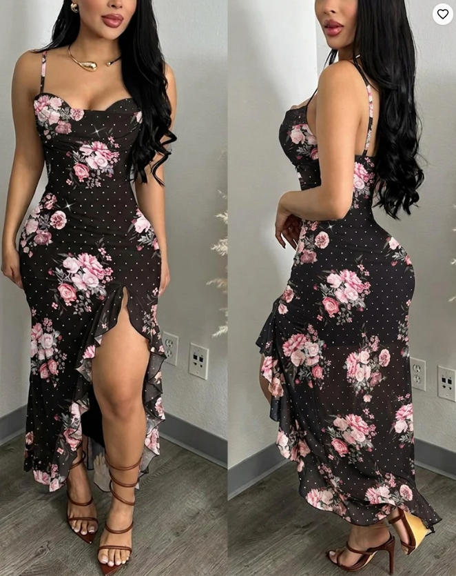 Sundress Midi Floral - Women's Fashion Floral Cowl Neck Cami