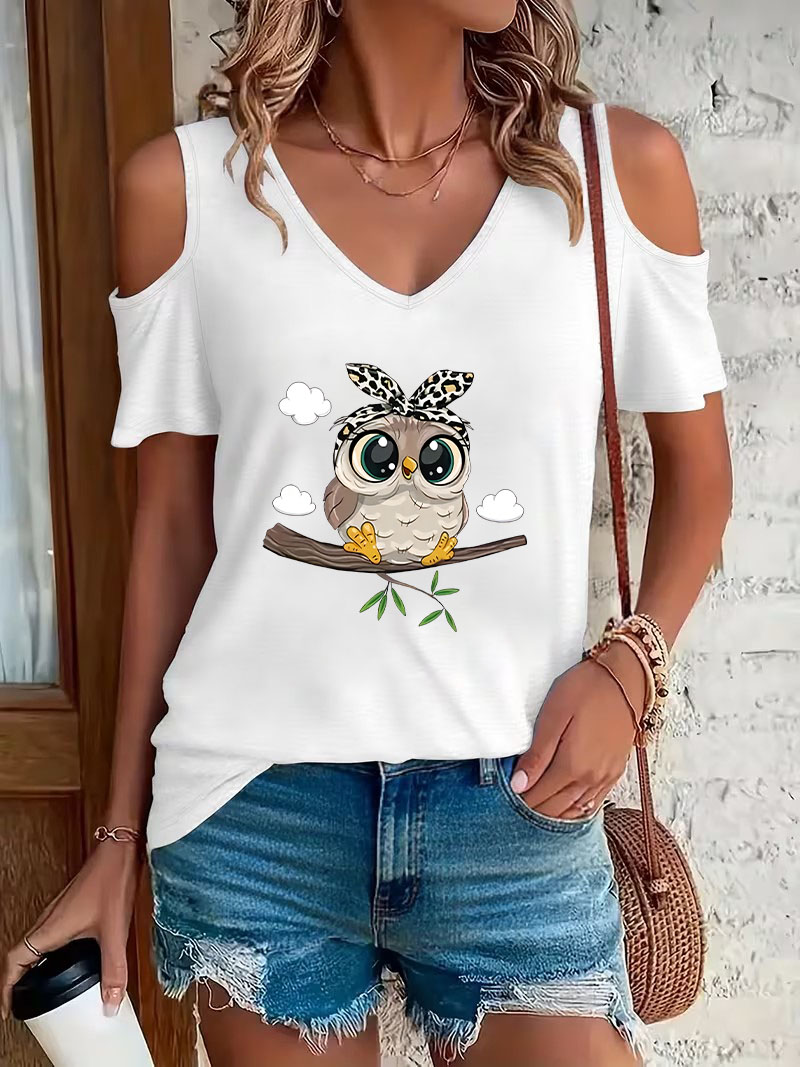 Trendy Cartoon Owl Print Off-S - đánh giá và giá Summer Clothing Drop
