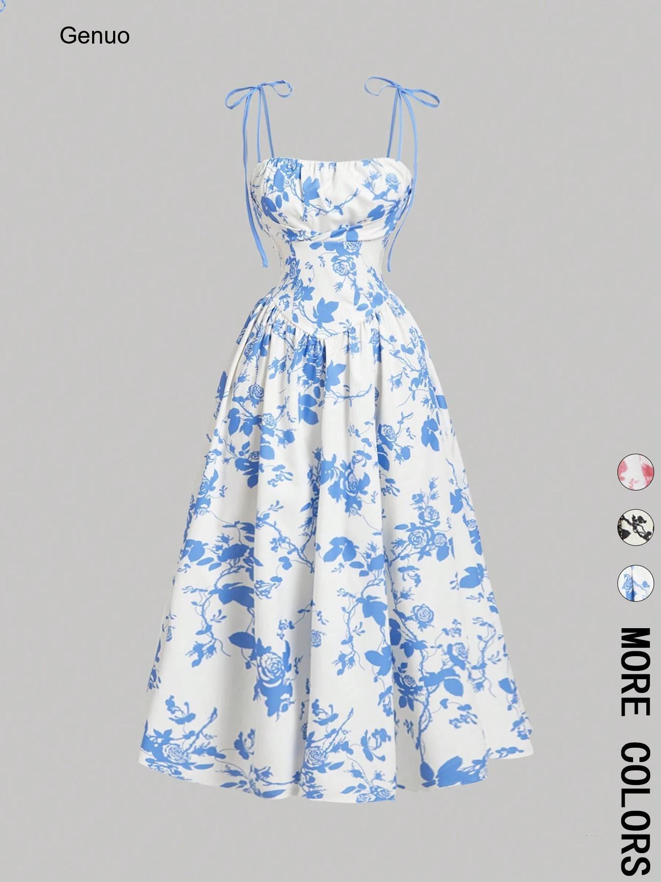 2026 Floral Print Tie Strap Mi - đánh giá và giá Sundress Midi Floral