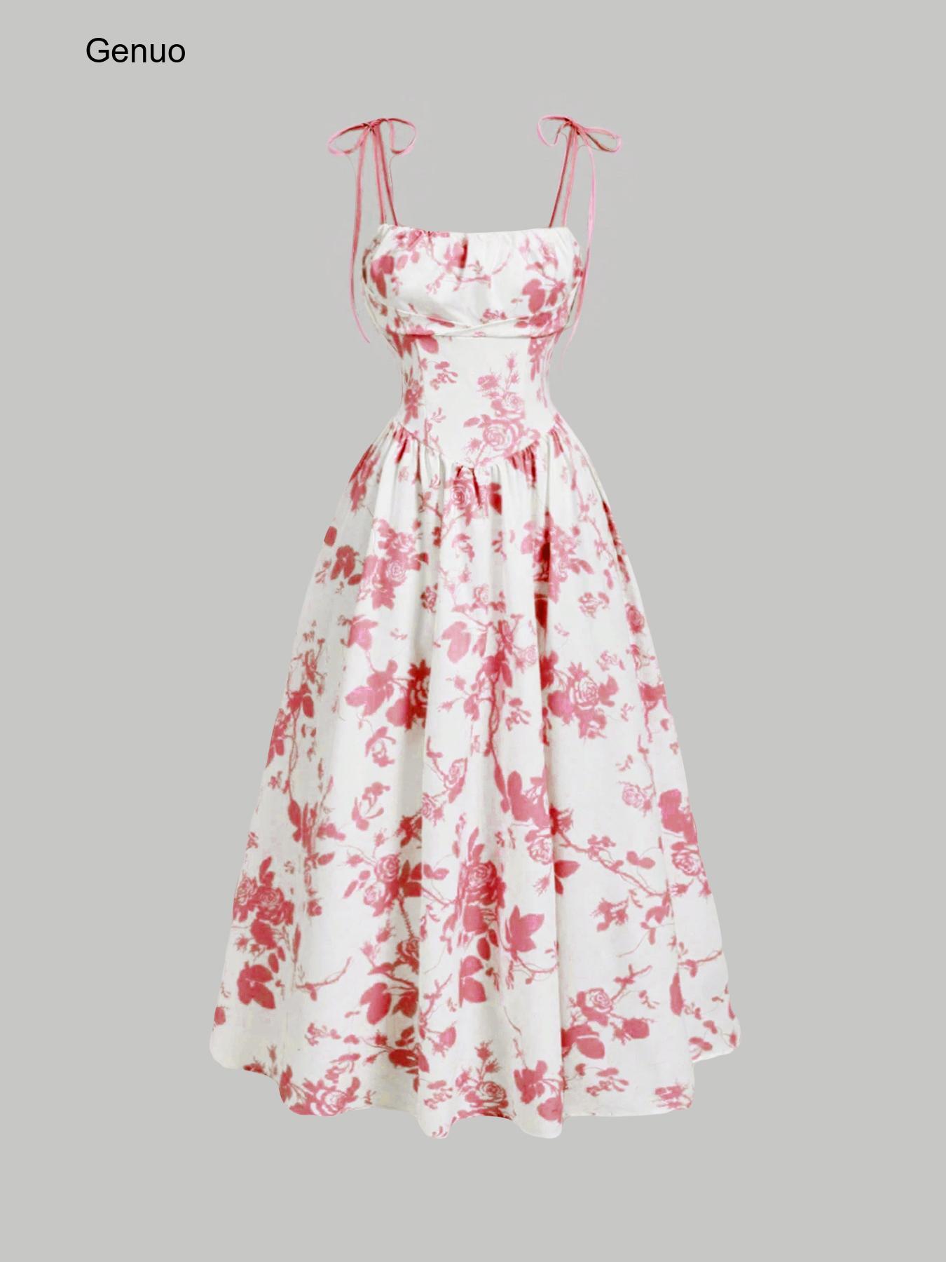 2026 Floral Print Tie Strap Mi - đánh giá và giá Sundress Midi Floral